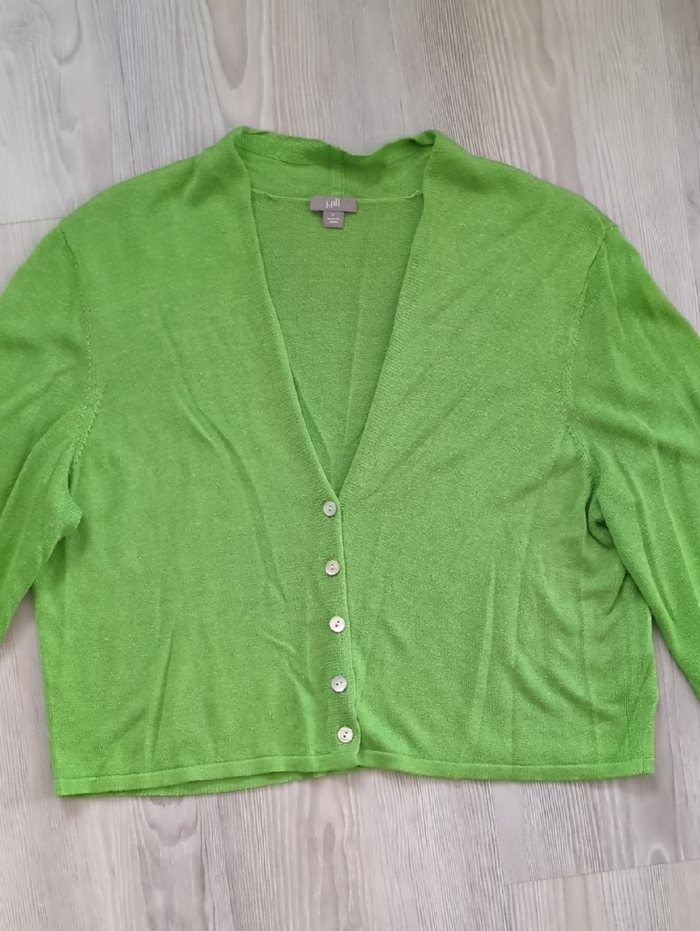 J Jill L V-Neck Button Cardigan Sweater in Lime Green Linen Cotton Blend
